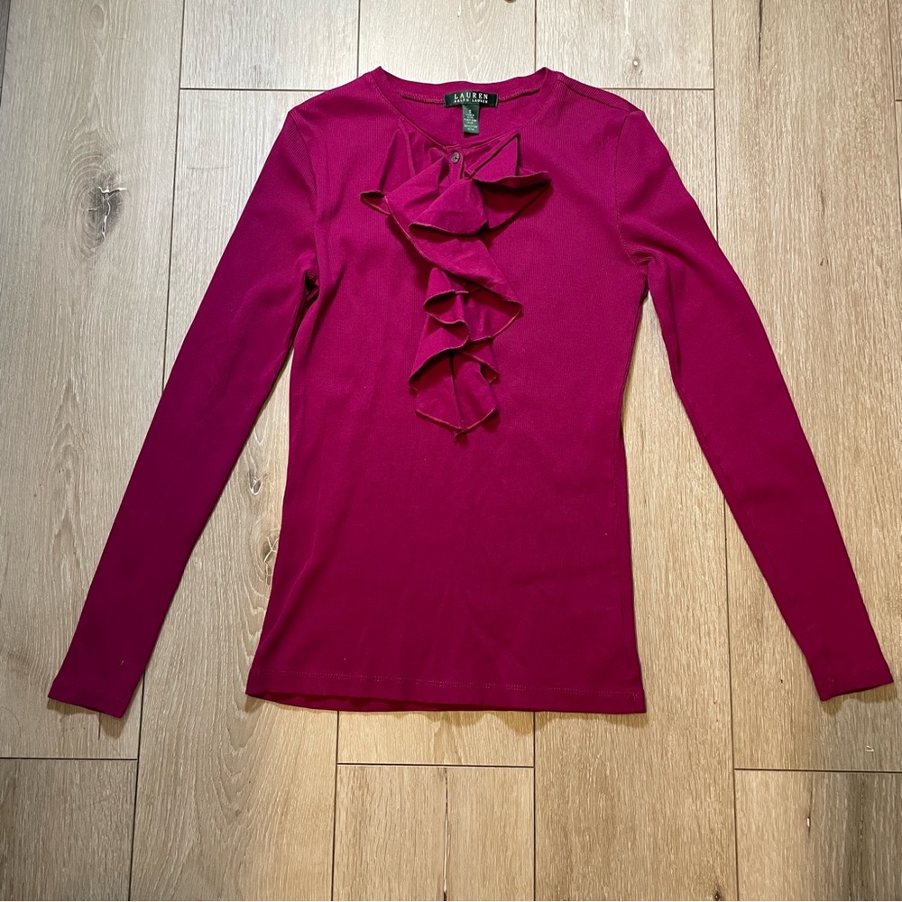 LAUREN Ralph Lauren Fuchsia Pink Ribbed‎ Ruffle Blouse Top Lagenlook Chic Small